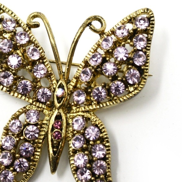 Vintage Pink Lilac Rhinestone Winged Butterfly 2" Pin Brooch Open Work - Hey Viv - Picture 2 of 4